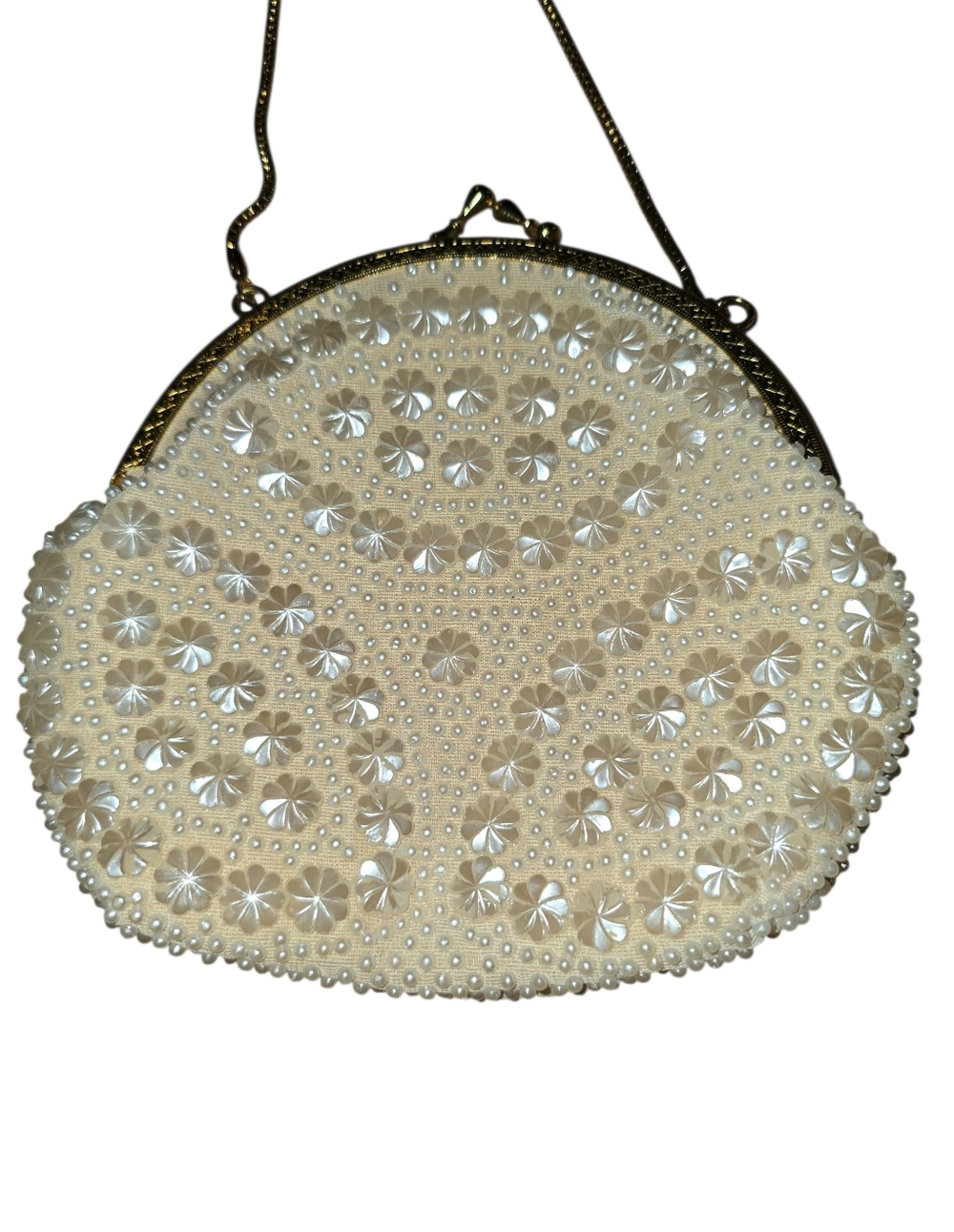 Vintage Beaded Ivory Floral/Shell Evening Bag - Elegant Pearl-Accented Clutch